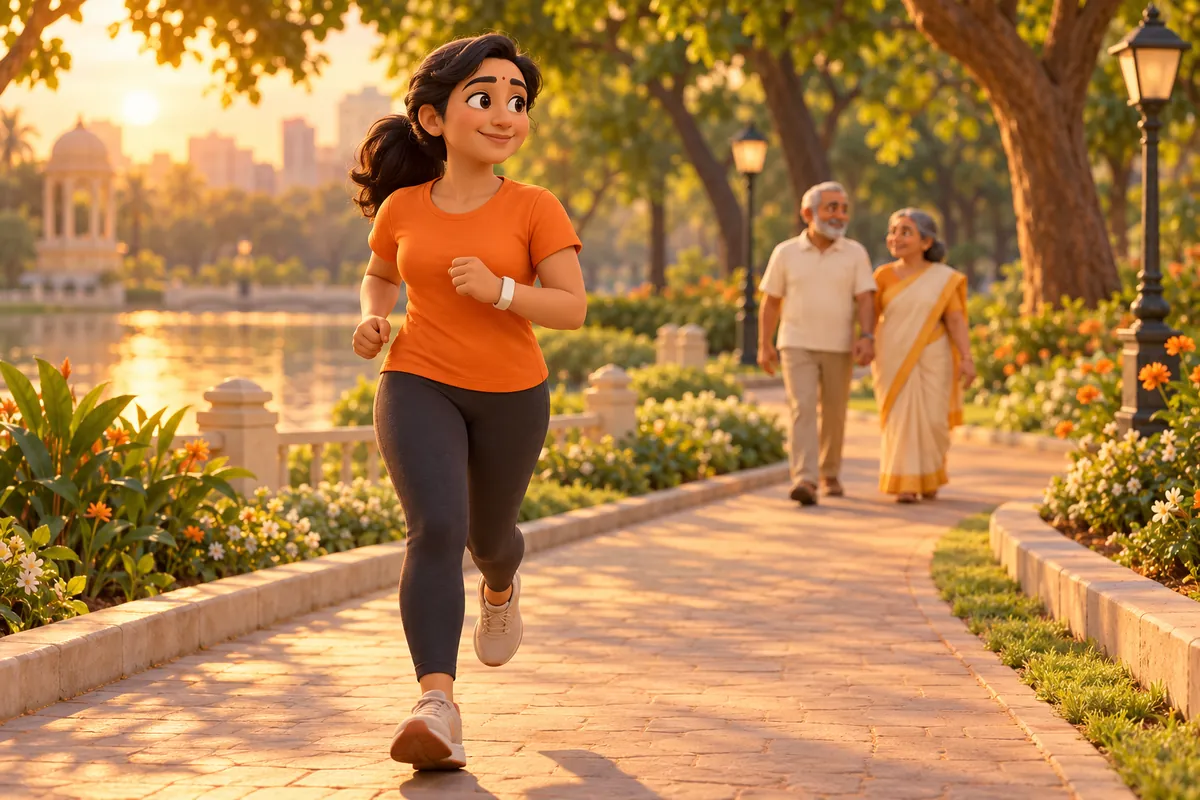 A woman jogs in a park at golden hour wearing a fitness band