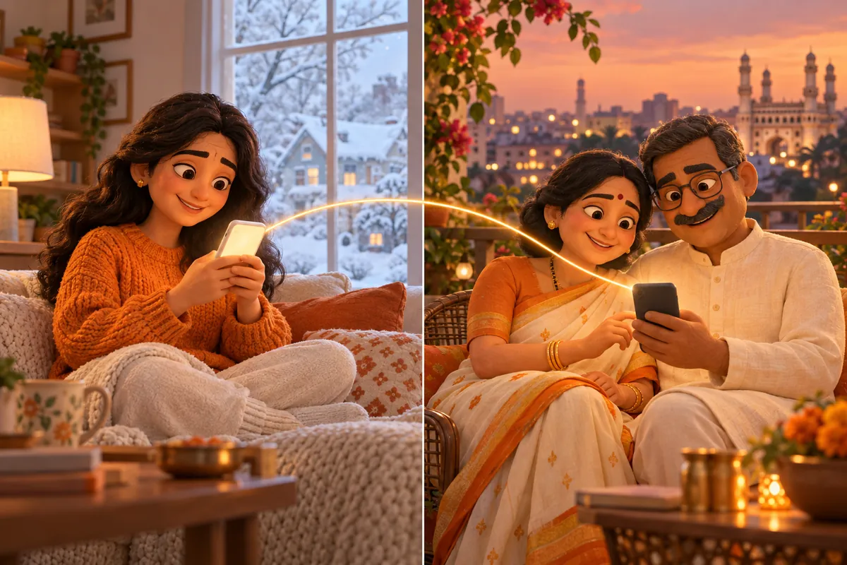 A daughter in New Jersey and her parents in Hyderabad smile at their phones, linked across the world
