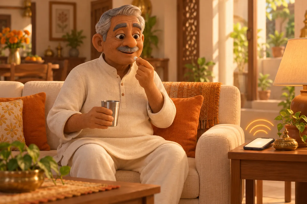 An elderly man takes his tablet with water as his phone rings a reminder