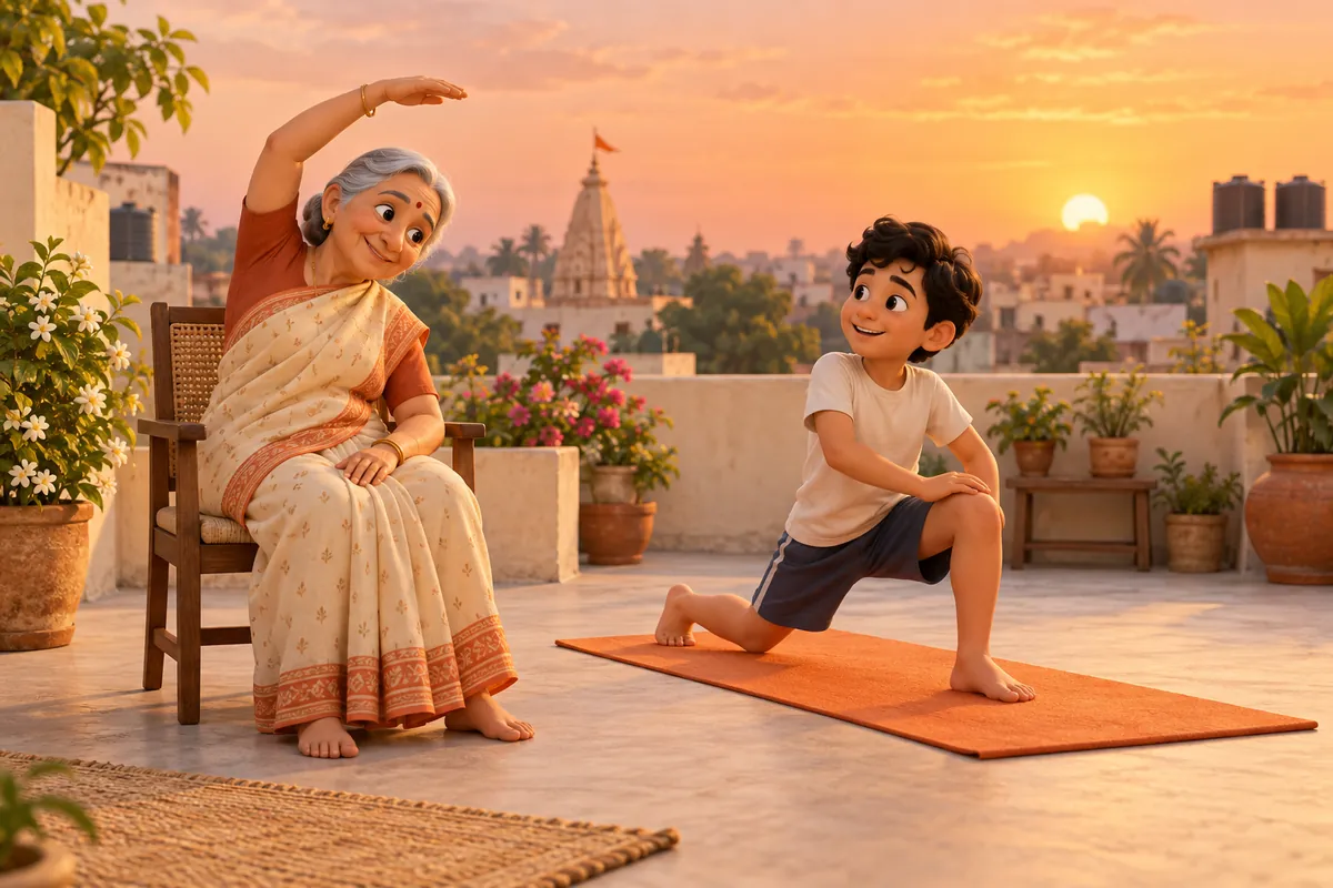 A grandmother stretches on a chair while her grandson does a lunge on a rooftop at sunrise