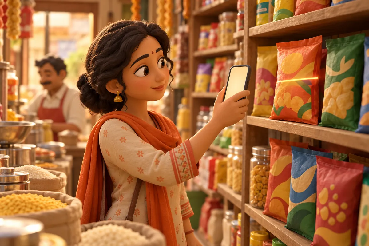 A young woman scans a snack packet with her phone in a kirana shop