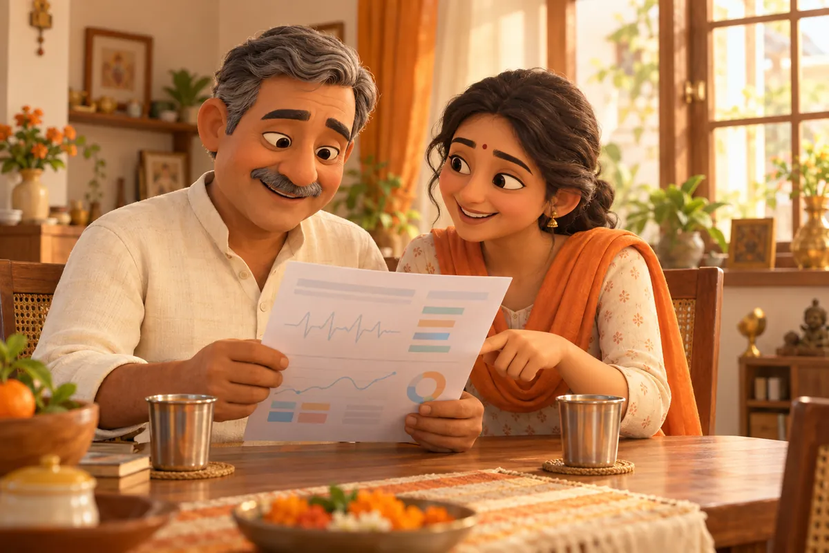 A father and daughter read his blood report together and smile