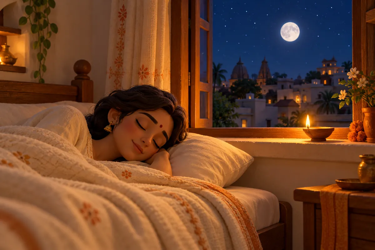 A young woman sleeps peacefully by a moonlit window with a diya glowing on the sill